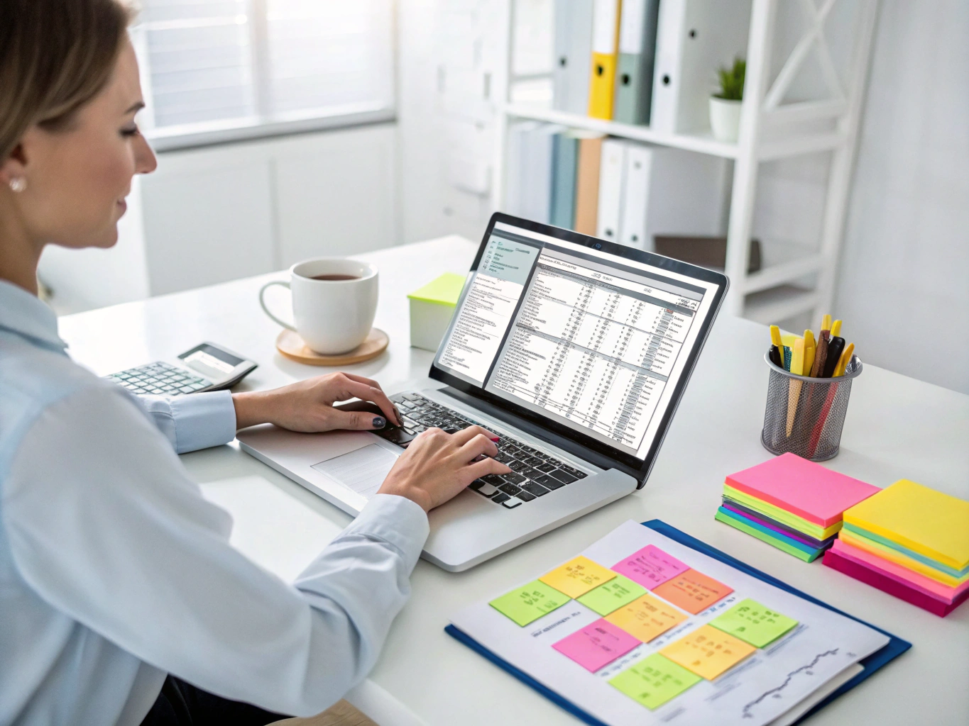 Senior bookkeeper reviewing financial ledgers in a clean office setting