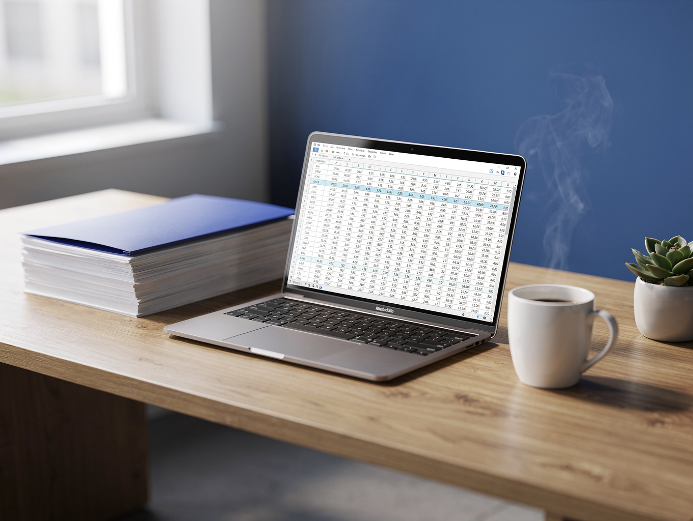 Organized bookkeeping desk with financial ledgers and calculator